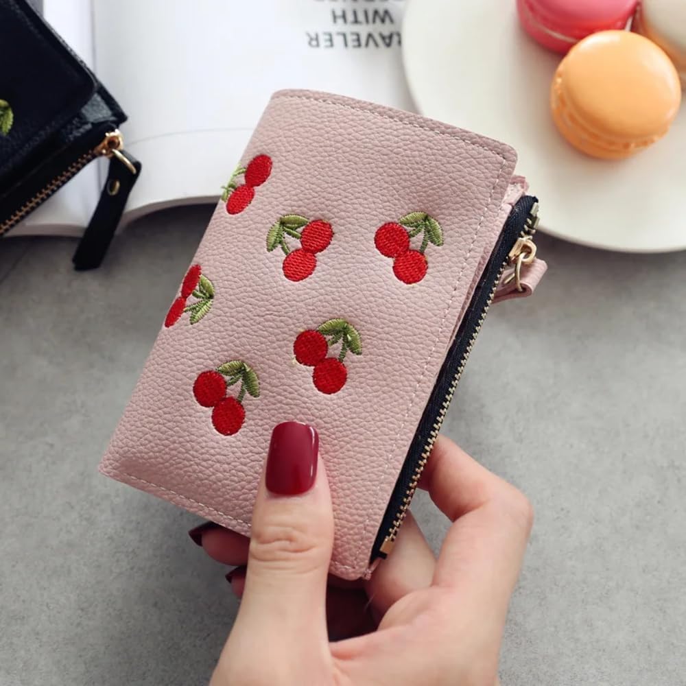 1Pc Women's Wallet, Cherry Embroidery, Pink