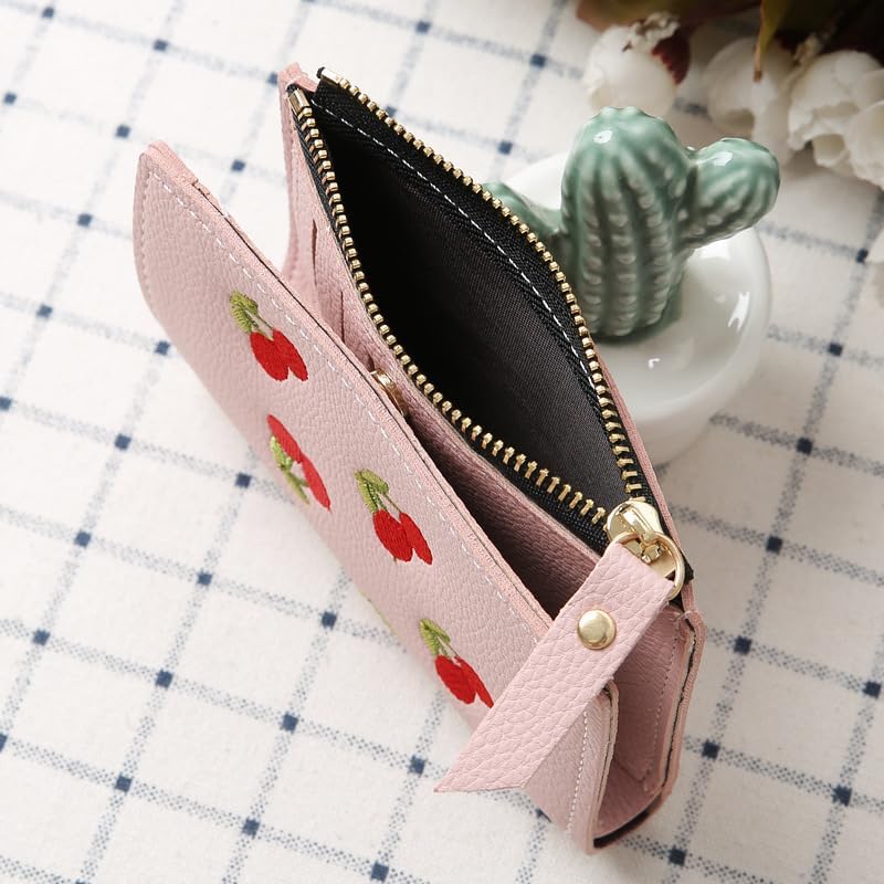 1Pc Women's Wallet, Cherry Embroidery, Pink